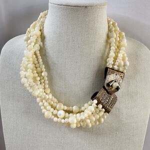 VTG Artisan Necklace Charlene Biesele Mother of Pearl Bead & Repousse Brass 20"